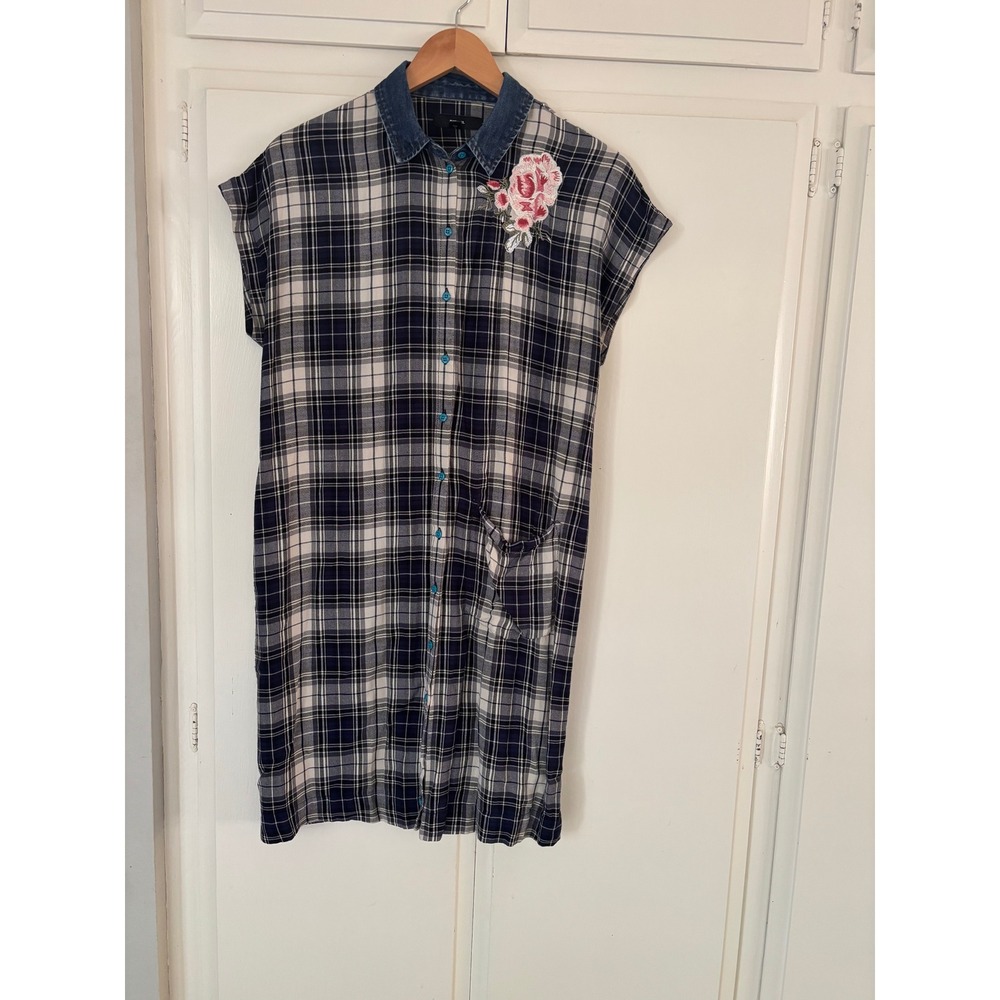 Diesel Plaid Shirt Dress Button Front Mini Plaid Floral Embroidery Women's Sz